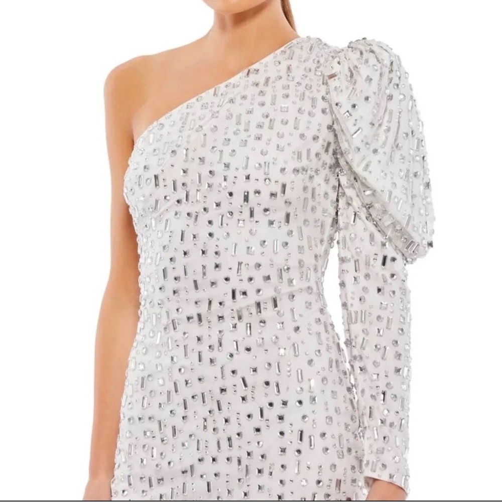 Mac Duggal One-Shoulder White Dress with Silver Accents - Picture 2 of 7